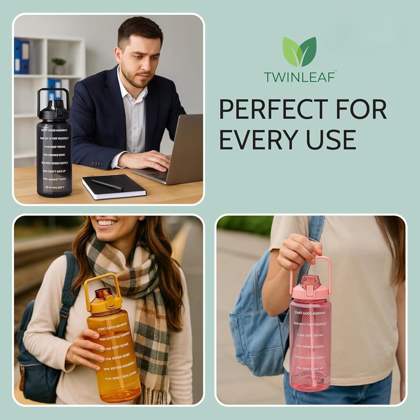 2 L Capacity Belt Straw Transparent Motivational Water Bottle