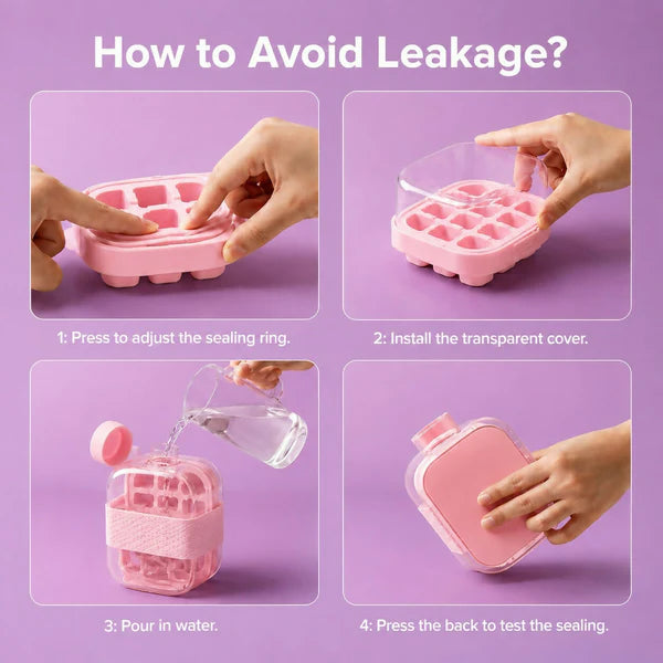 Leakproof Pink Ice Cube Tray Bottle with Straw & Silicone Sleeve