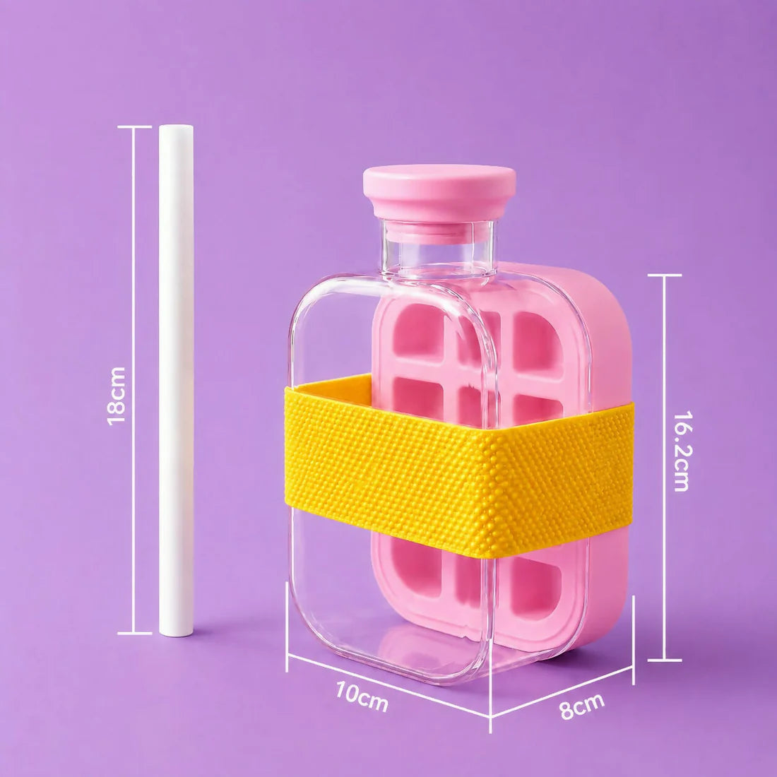 Leakproof Pink Ice Cube Tray Bottle with Straw & Silicone Sleeve