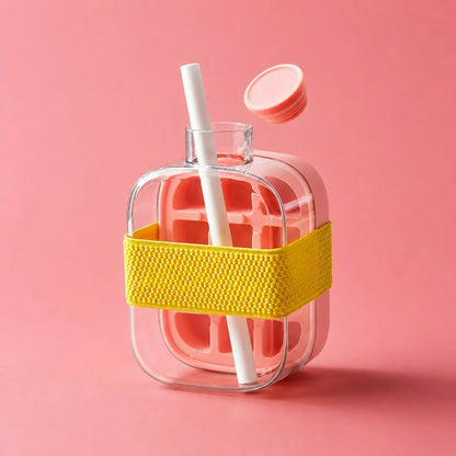 Leakproof Pink Ice Cube Tray Bottle with Straw & Silicone Sleeve