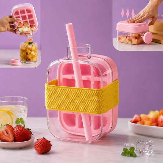 Leakproof Pink Ice Cube Tray Bottle with Straw & Silicone Sleeve